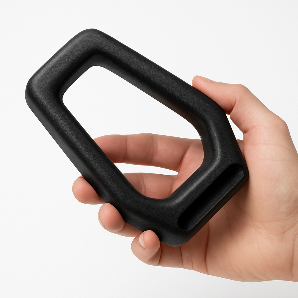 Lightweight hollow gas-assist molded plastic structural handle held in a hand