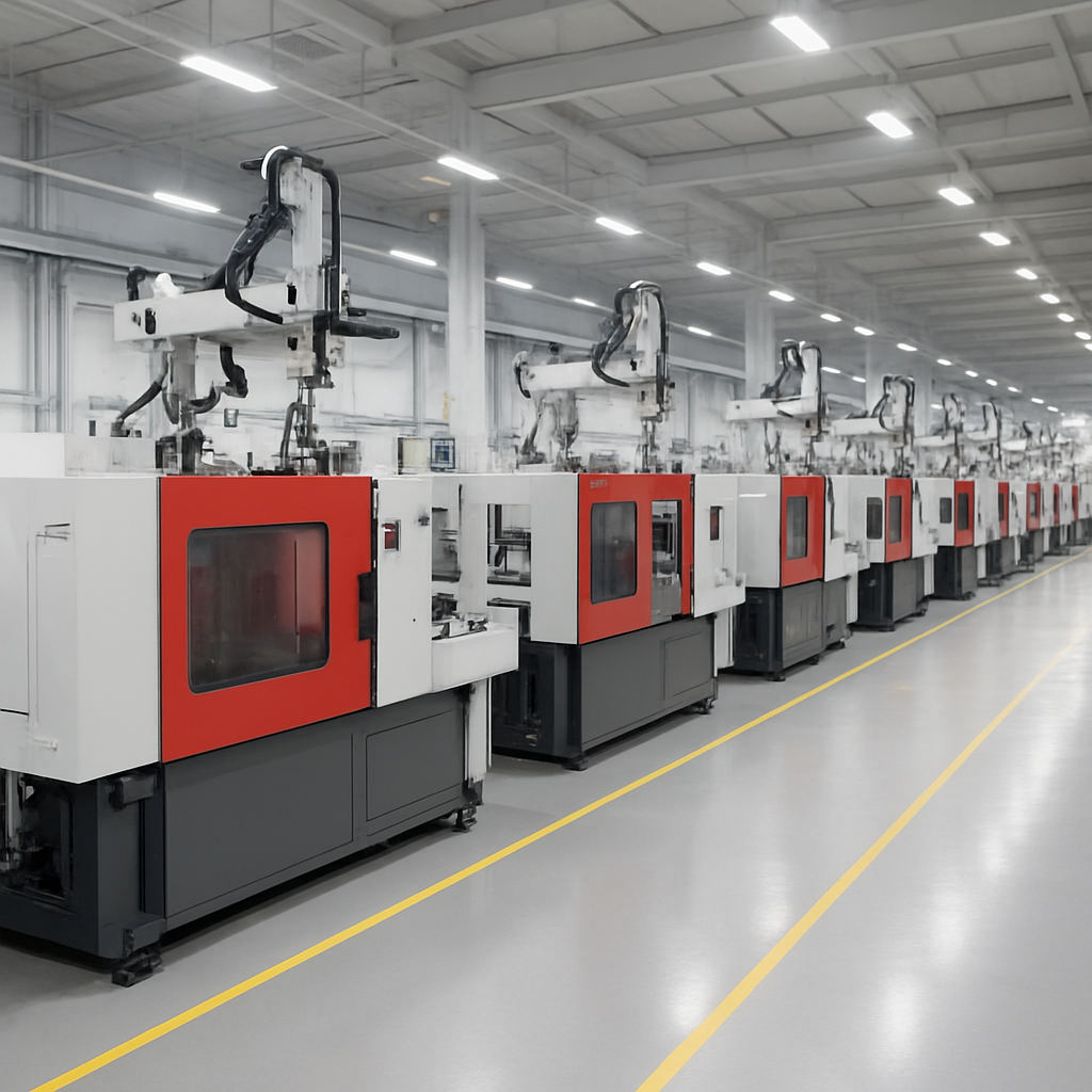 Row of injection molding machines with robotic arms in KTM's Dongguan manufacturing facility