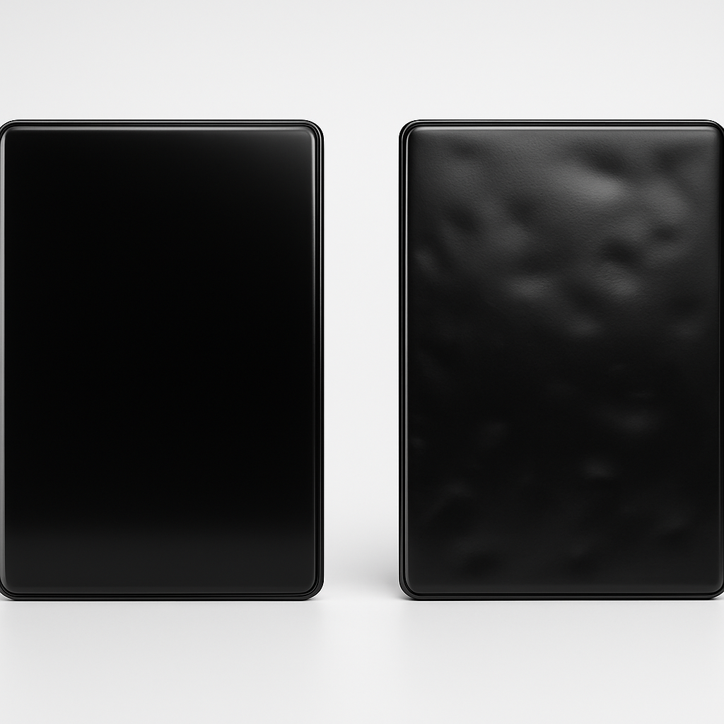 Two identical molded panels side by side, one with a smooth gas-assist surface and one with conventional sink marks