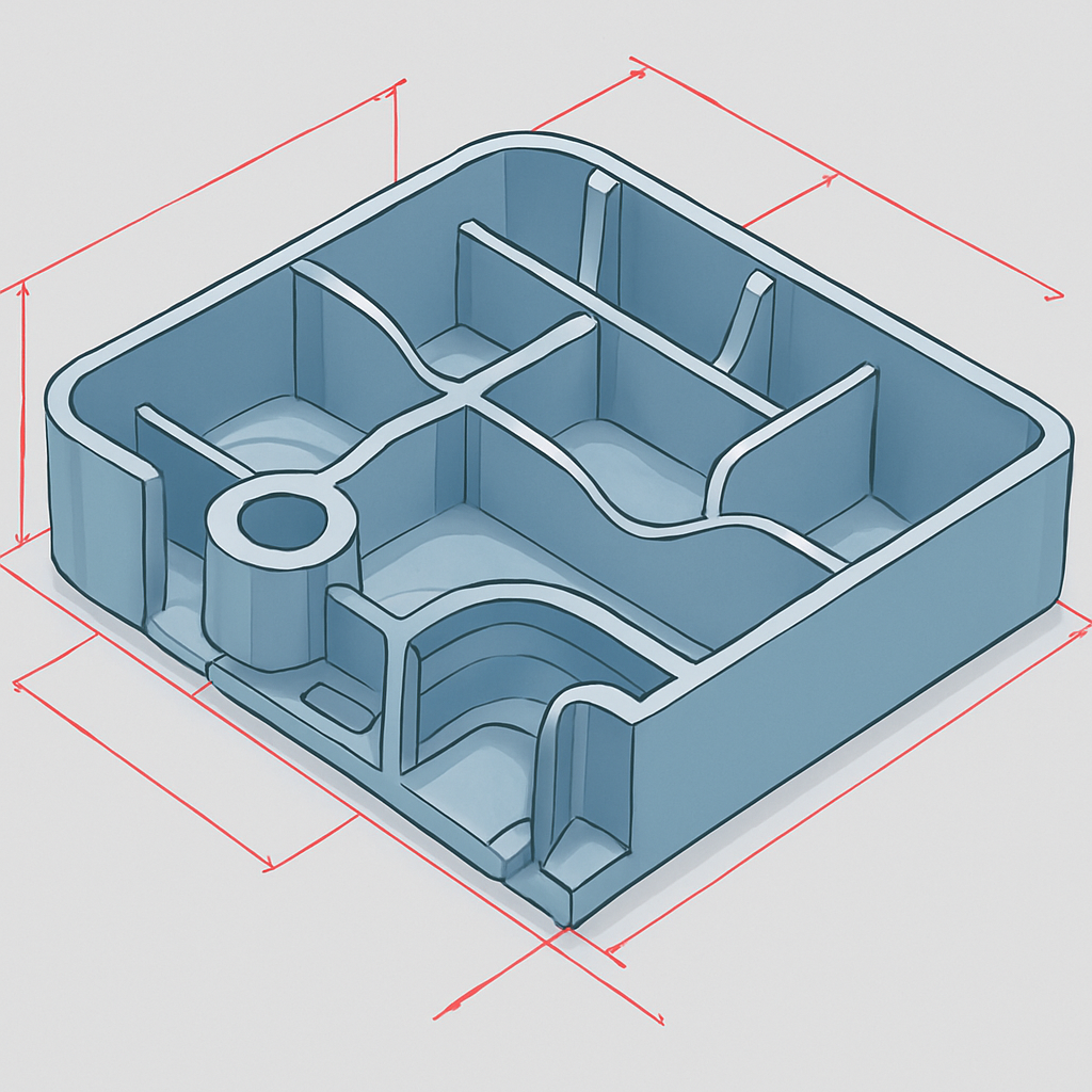 CAD cross-section render showing wall thickness, ribs, bosses and internal gas channels of a molded part