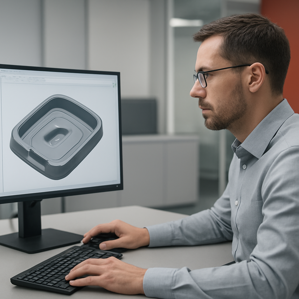 KTM engineer reviewing a 3D CAD model of a gas-assist molded part
