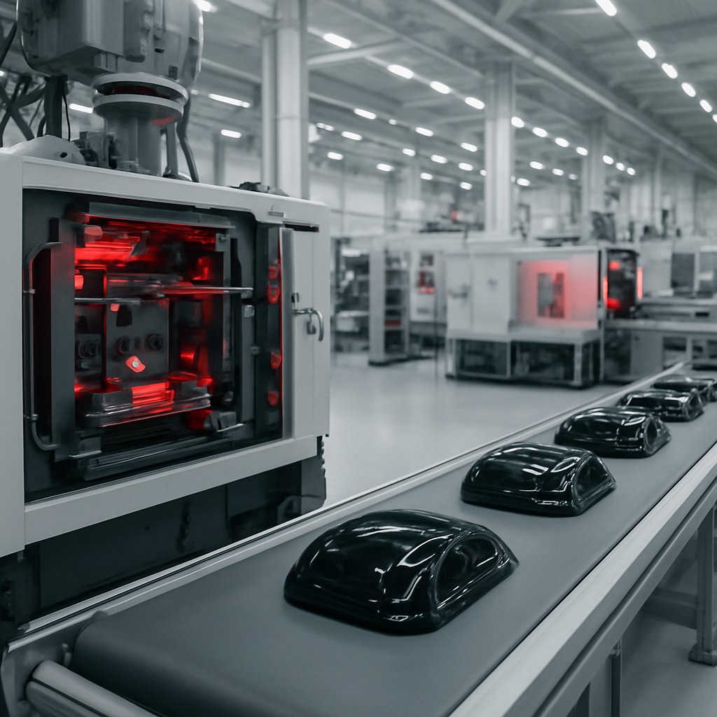 Gas assisted injection molding machine producing automotive plastic parts in a modern factory