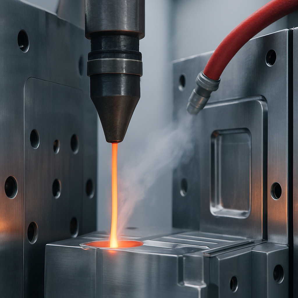Injection molding machine nozzle and steel mold cavity during the nitrogen gas-assist process