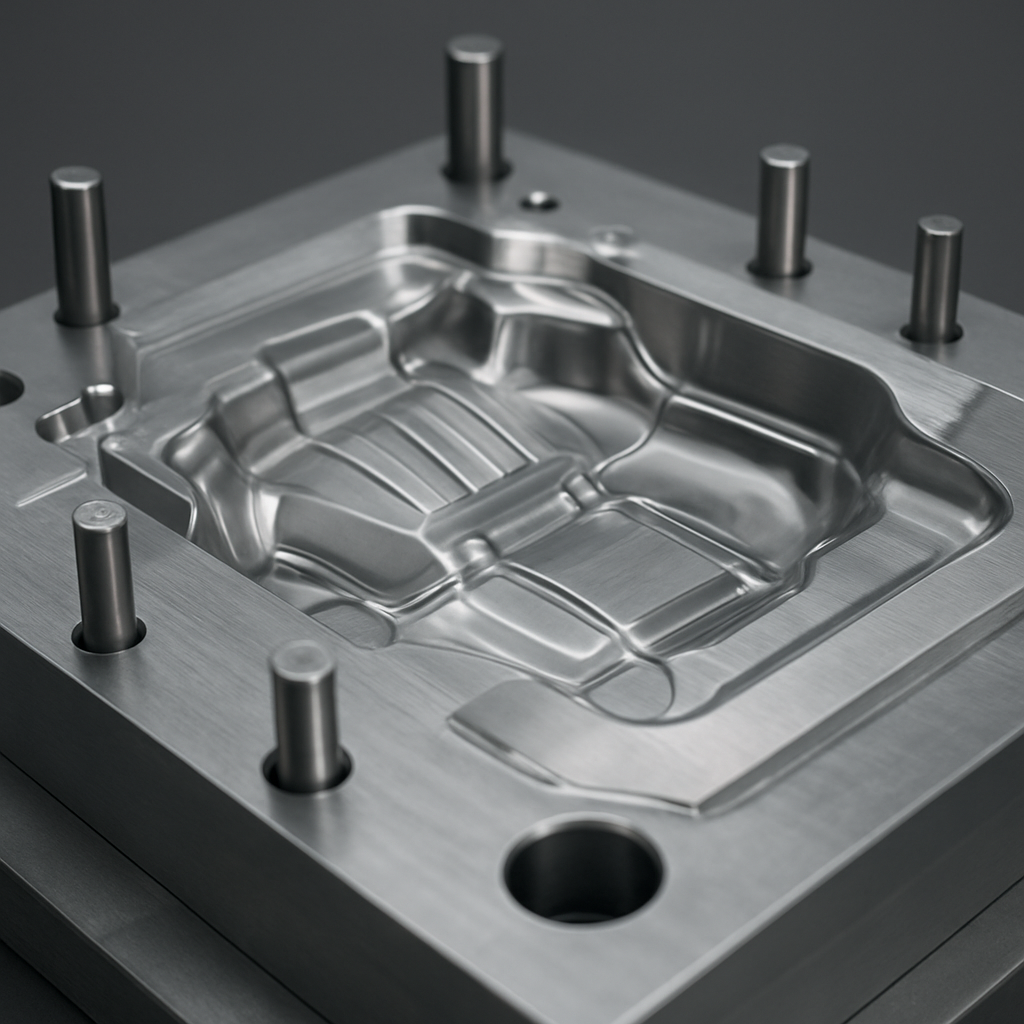 Close-up of a precision steel injection mold tool with a polished cavity and ejector pins