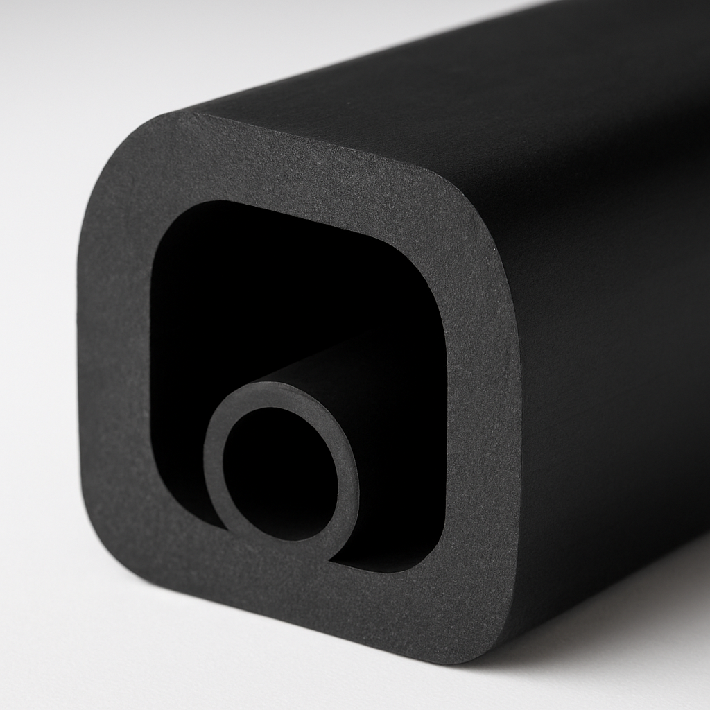 Cross-section of a thick plastic part revealing the hollow gas channel core formed by gas-assist molding